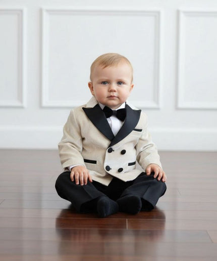 Baby Boys' White Velvet Shawl Lapel Tuxedo Suit, Bow Tie 5-Piece Set: Wedding Ring Bearer Baptism Birthday Party Graduation Photoshoot