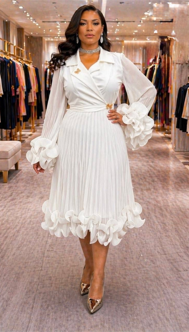 Dramatic Ruffle Sleeve Pleated Twirl Skater Midi Dress: White Summer Wedding Guest Outfit Engagement Ceremony Mother of The Bride
