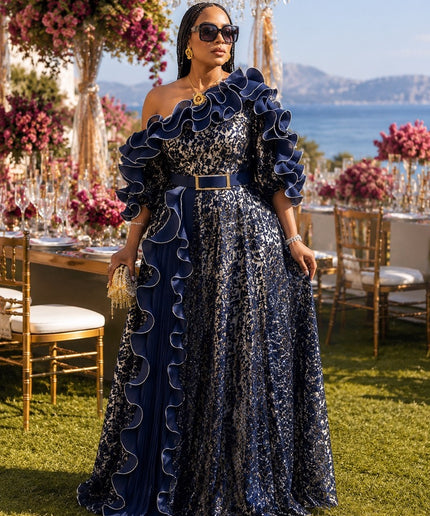 Elegant Blue One-Shoulder Ruffle Twirl A-Line Dress