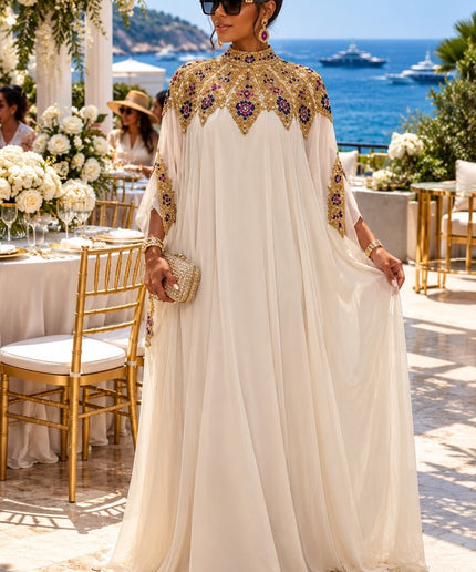 "Talk of The Party" Crystal Beaded Hand-Embellished Chiffon Kaftan Dress with Arm Tassels, Floor-Length Formal Evening Gown for Birthday Party Dinner Wedding Guest Mother of The Bride Gala Holiday Cocktail Reception
