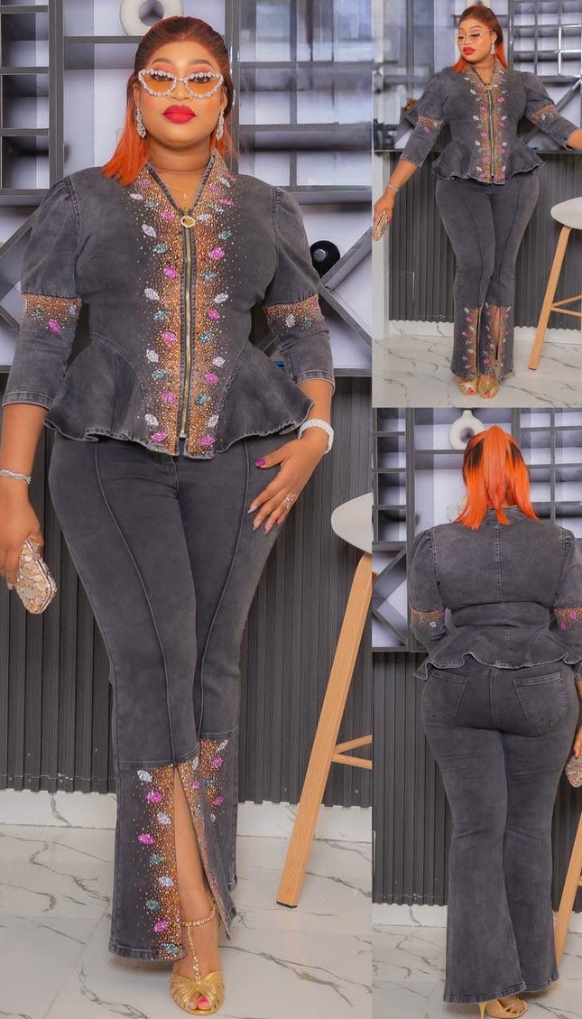 Denim and Diamonds 2 Piece Matching Peplum Top + Wide Pants Birthday Outfit Curvy Plus Size Jeans Party Wear