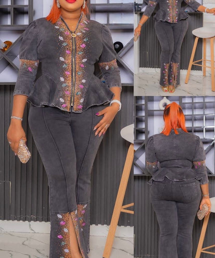 Denim and Diamonds 2 Piece Matching Peplum Top + Wide Pants Birthday Outfit Curvy Plus Size Jeans Party Wear