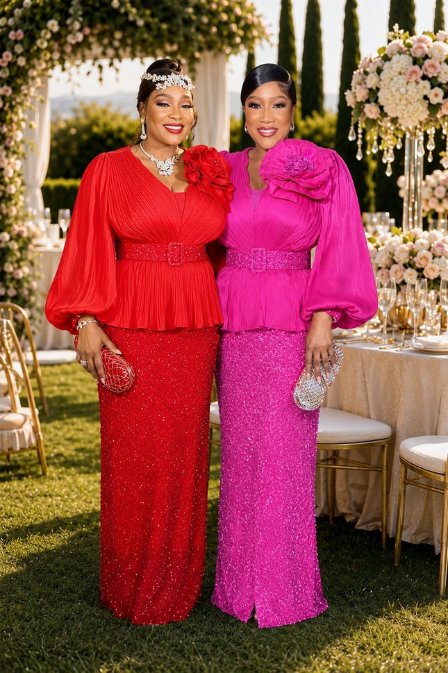 Pink Beaded 3D Flower Pleated Peplum Dress for Mother of The Bride Wedding Guest Church Anniversary Birthday Party Outfit
