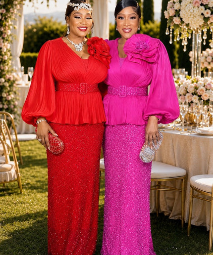Red Bead-Embellished 3D Flower Pleated Peplum Dress for Mother of The Bride Wedding Guest Church Anniversary Party Outfit