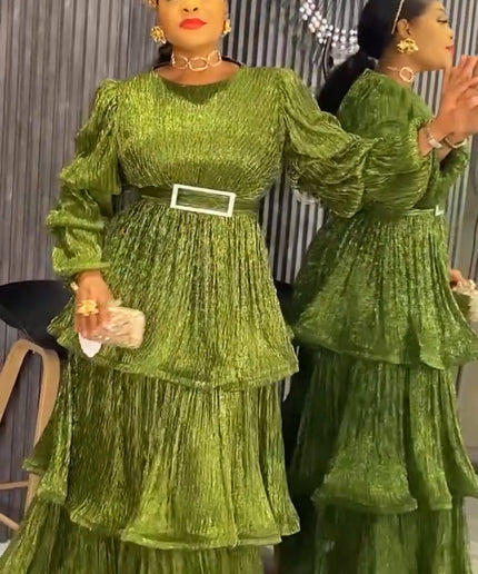 Waterfall Ruffle Bishop Sleeves Maxi Dress,  Mother of The Bride A-Line Gold Gown, Plus Size Evening Wear Gala Cocktail Party