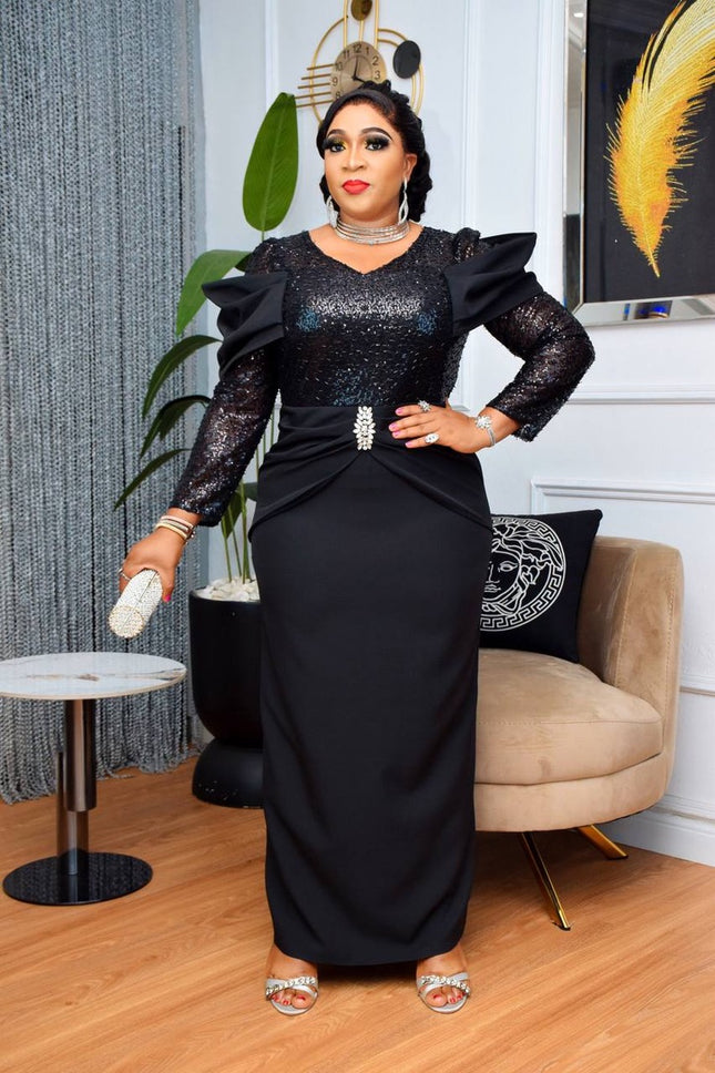 Sequin Pointed Shoulder Maxi Dress | Evening Wear Birthday Party Anniversary Wedding Guest
