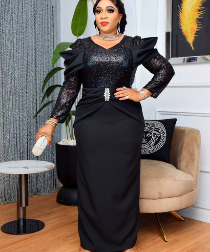 Sequin Pointed Shoulder Maxi Dress | Evening Wear Birthday Party Anniversary Wedding Guest