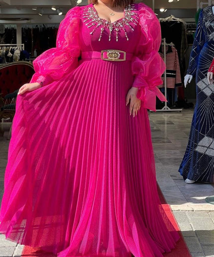 Dramatic Sleeve Embellished Pleated White Maxi Dress