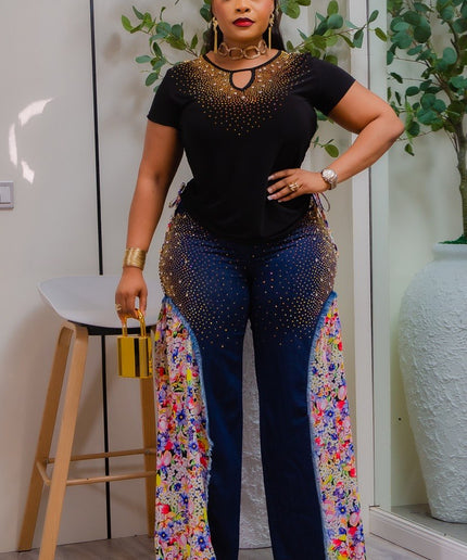 Colorful Black Denim & Diamonds 2-Piece Wide-Leg Pants Set, Crystal Rhinestone Bling Matching Stretch Jeans, Birthday Photos Party Dance Grad BBQ Concert Weekend Get-Together Outfit