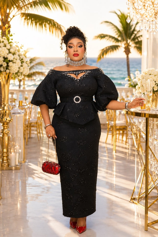 White Brocade Off-The-Shoulder Rhinestone Peplum Top & Skirt Set  - Wedding Guest Birthday Celebrant Cocktail Reception Mother of The Bride Outfit