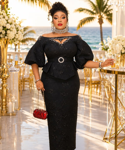 Purple Brocade Off-The-Shoulder Rhinestone Peplum Top & Skirt Set  - Wedding Guest Birthday Celebrant Cocktail Reception Mother of The Bride Outfit