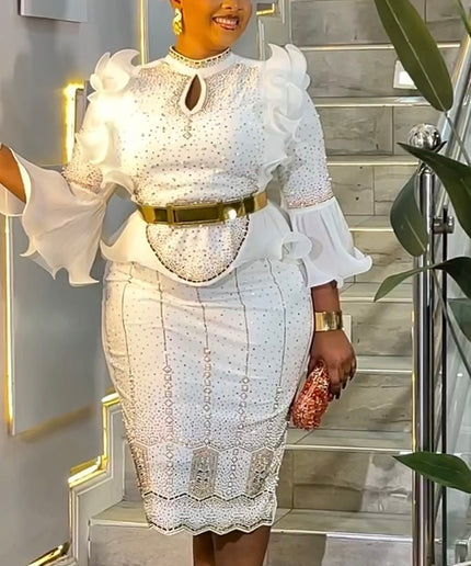 Blue Rhinestone-Embellished Ruffle Sleeve Midi Dress: Wedding Guest Birthday Cocktail Dinner