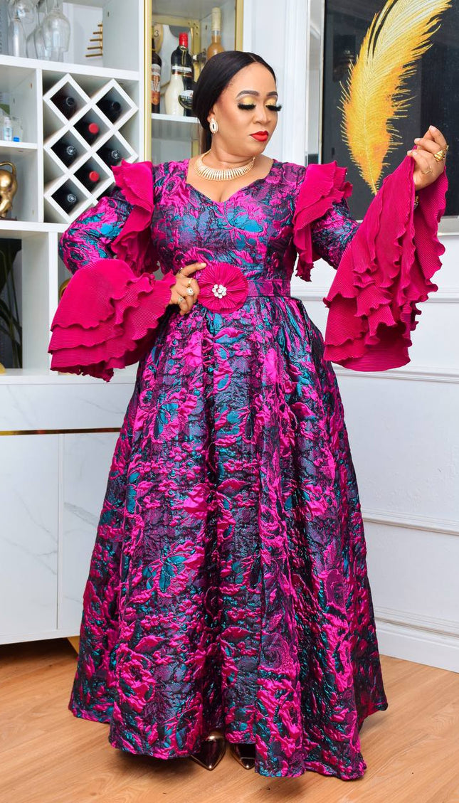 Metallic Gold Brocade Ruffle Sleeve Wedding Guest A-line Gown, Plus Size Mother of The Bride Ball Gown, Dress for Birthday Party Photoshoot Anniversary Dinner Reception Gala Graduation