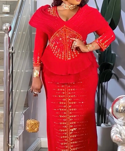 Red Embellished Ruffle Peplum Rhinestone Maxi Dress for Wedding Guest Birthday Party Cocktail Dinner Mother of The Bride