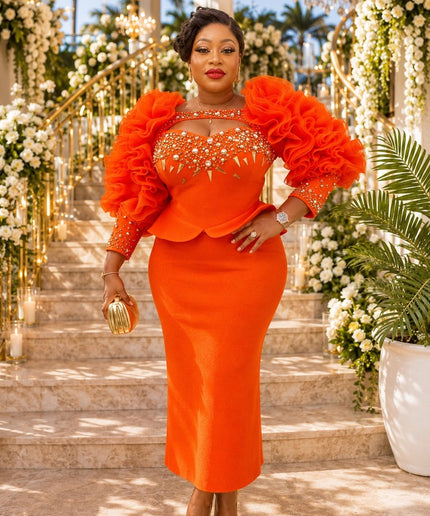 Dramatic Orange Ruffle Embellished Party Dress for Luxury Wedding Guest Cocktail Reception Mother of the Bride Church Gala Formal Evening Womenswear