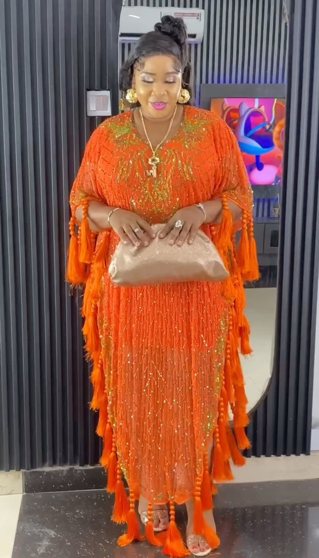Orange Embellished Beaded Fringed Kaftan African Party Dress FASHIONISKO Orange Embellished Beaded Fringed Kaftan African Party Dress FASHIONISKO