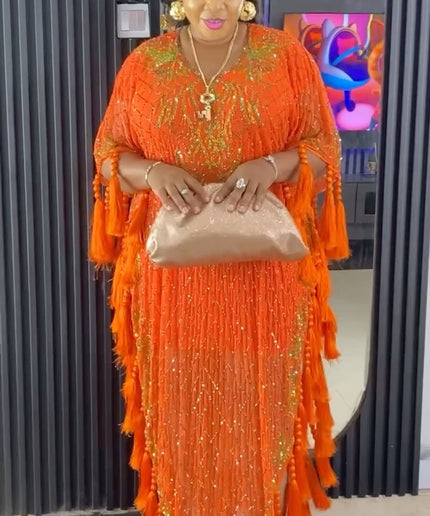 Orange Embellished Beaded Fringed Kaftan African Party Dress FASHIONISKO Orange Embellished Beaded Fringed Kaftan African Party Dress FASHIONISKO