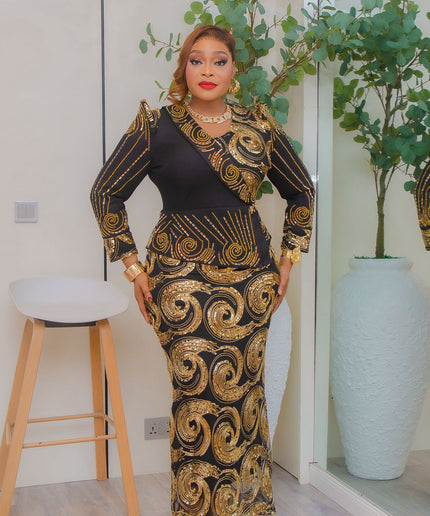 Black Sequin Embellished Peplum Maxi Dress: Wedding Guest Birthday Party Mother of The Bride