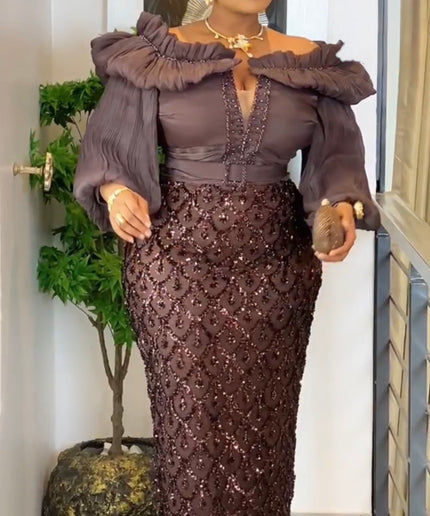 Off-The-Shoulder Sequin Bishop Sleeve Party Dress: Wedding Birthday Cocktail Gala