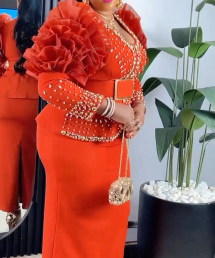 Orange Embellished Ruffle Sleeve Top & Skirt 2-Piece Set for Wedding Guest Birthday Party Celebrant Photoshoot