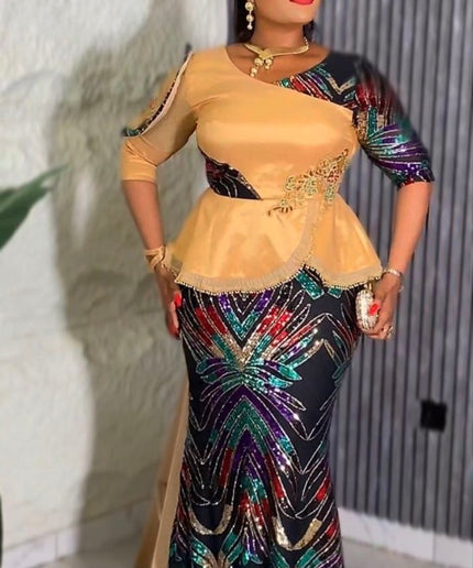 Gold Sequin Peplum Mermaid Dress, Formal Evening Gown: Mother of The Bride Birthday Party Gala Wedding Guest