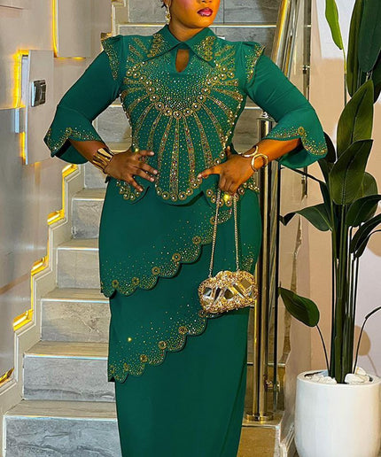 Navy Blue Rhinestone-Embellished Asymmetric Maxi Dress for Wedding Birthday Mother of The Groom