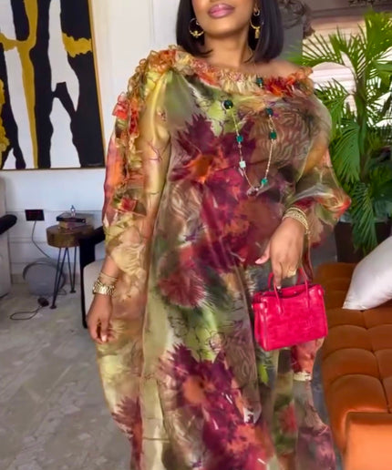 Gold One-Shoulder Floral Organza Kaftan Dress 2-Piece Set for Wedding Outfit Cocktail Birthday Dinner Party