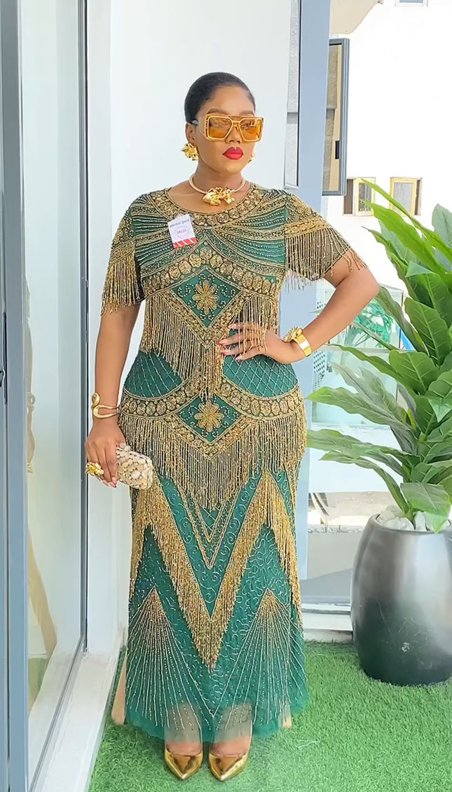 Beaded Embroidery Fringe Maxi Dress