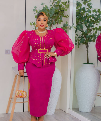 Gold Puff Sleeve Embellished Peplum Top and Skirt - Wedding Guest Birthday Dinner Mother of The Bride