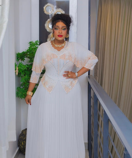 White & Gold Rhinestone Pleated Maxi Dress: Mother of The Bride Wedding Guest Attire Anniversary
