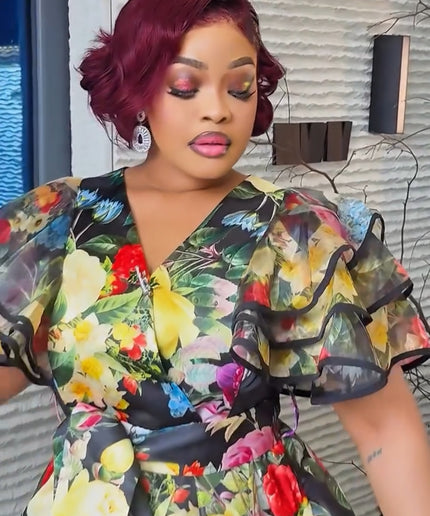 Yellow Ruffle Sleeve Floral Midi Dress - Wedding Guest Graduation Dinner Birthday Photoshoot