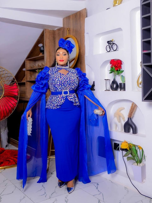 Dramatic Cape Sleeve Embellished Dress and Hat | Women's Maxi Dress Wedding Guest Mother of The Bride