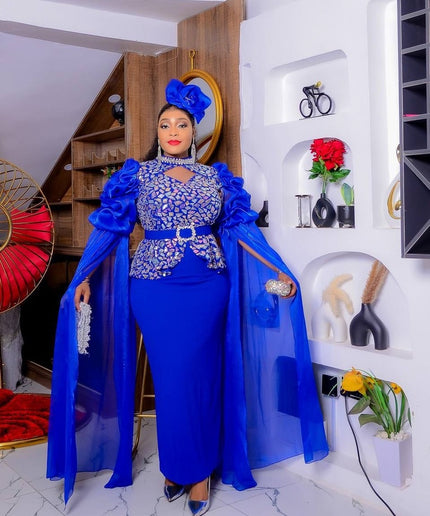 Dramatic Cape Sleeve Embellished Dress and Hat | Women's Maxi Dress Wedding Guest Mother of The Bride