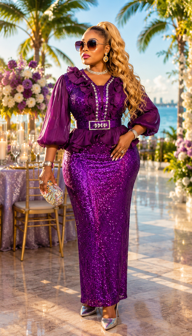 Purple Sequin Ruffle Peplum Maxi Dress for Wedding Guest Cocktail Reception Ceremony Birthday Turkey Womenswear