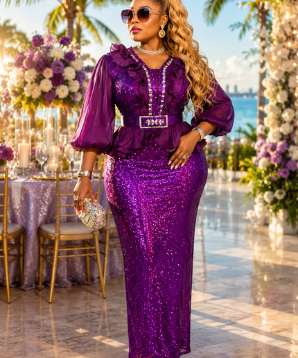Purple Sequin Ruffle Peplum Maxi Dress for Wedding Guest Cocktail Reception Ceremony Birthday Turkey Womenswear