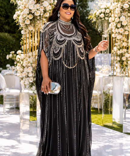 "High Table Guest" Gold Crystal-Embellished Cape Caftan Dress for Birthday Party Celebrant Mother of The Groom Wedding Guest Formal Evening Gown Plus Size