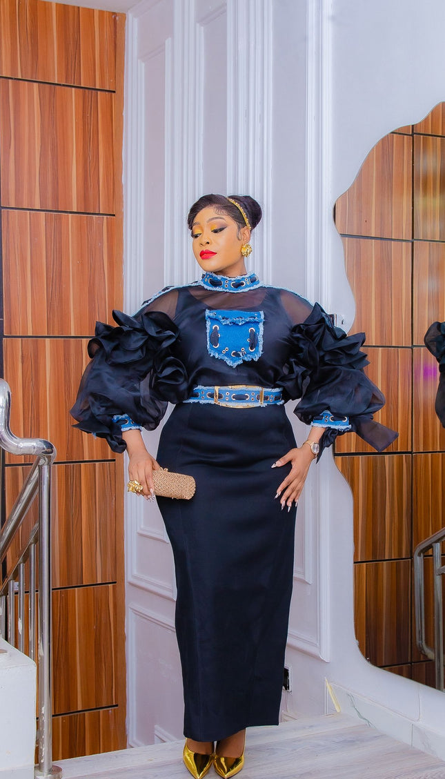 Ruffle Denim Embellished Blouse and Skirt 2 Piece Set - Wedding Guest Outfit Mother of The Bride Attire Bridal Dinner Birthday Photoshoot Party Reception