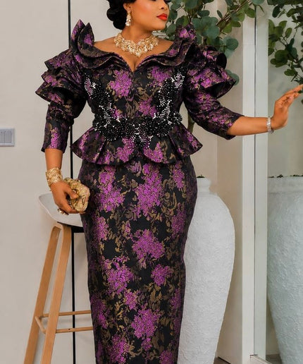Purple Brocade Beaded Ruffle Sleeve Peplum Dress - Mother of The Bride Celebrant Birthday Party Formal Evening Outfit
