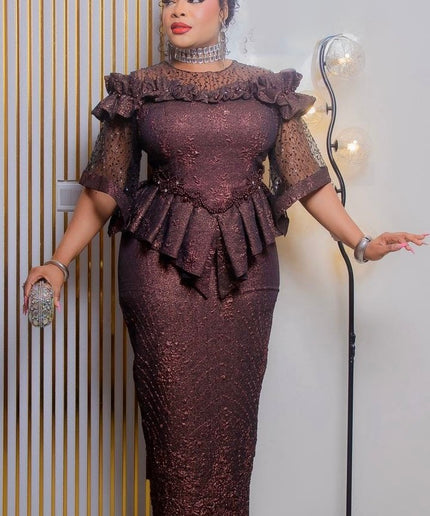 Purple Sequin Ruffle Peplum 2-Piece Skirt Set for Mother of The Bride Wedding Guest Birthday Party Cocktail Reception Church Anniversary