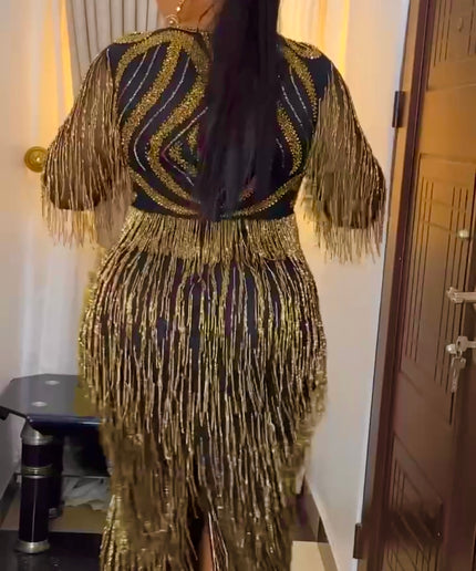 Gold Beaded Fringe Maxi Dress Embellished Wedding Guest Dress Birthday Party Cocktail Dinner Celebrant Worthy