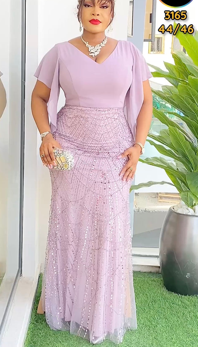 V-Neck Cape Sleeve Embellished Party Dress | Wedding Guest Mother of The Bride Gala Anniversary Birthday