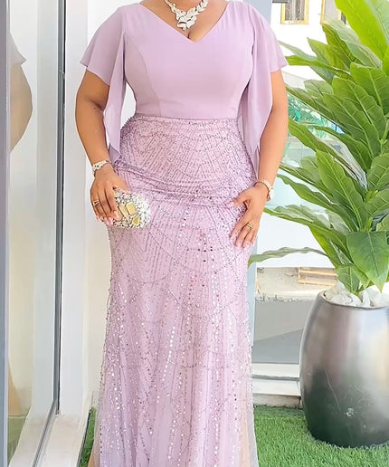 V-Neck Cape Sleeve Embellished Party Dress | Wedding Guest Mother of The Bride Gala Anniversary Birthday