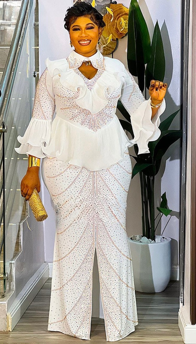 White Rhinestone Embellished Ruffle Peplum Maxi Dress: Mother of The Groom Wedding Guest Birthday Party Outfit