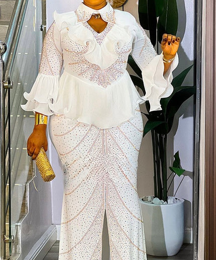 White Rhinestone Embellished Ruffle Peplum Maxi Dress: Mother of The Groom Wedding Guest Birthday Party Outfit