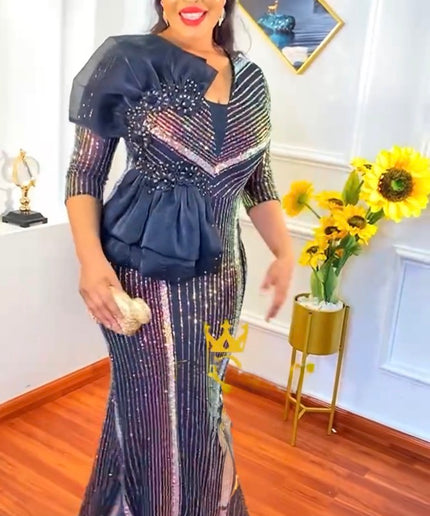 Black Sequin Ruffle Maxi Dress for Mother of The Bride Wedding Guest Cocktail Party