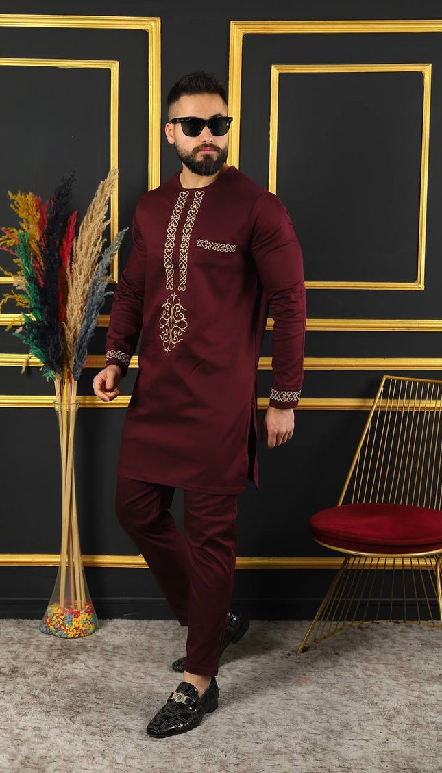 Luxury African Men’s 2 Piece Outfit, Embroidered Cotton Shirt & Pants: Wedding Attire Birthday Party Graduation