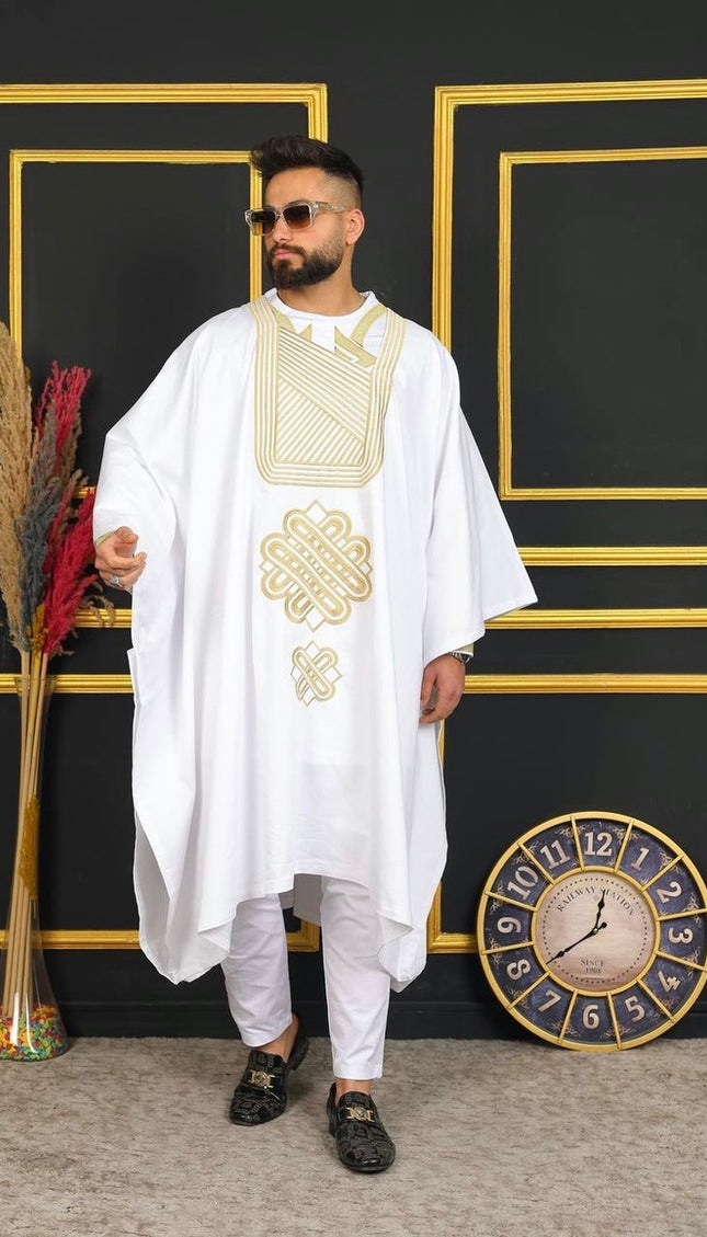African Men's Traditional Wedding Attire, Embroidered Blue Agbada Pants & Shirt Cotton 3-Piece Set, Groom Groomsmen Outfit Graduation Birthday Party