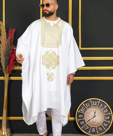 African Men's Traditional Wedding Attire, Embroidered Black Agbada Pants & Shirt Cotton 3-Piece Set, Groom Groomsmen Outfit Graduation Birthday Party
