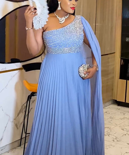 One Shoulder Mother of The Bride A-Line Gown, Elegant Wedding Guest Dress Long Maxi Pleated, Cocktail Reception Evening Wear