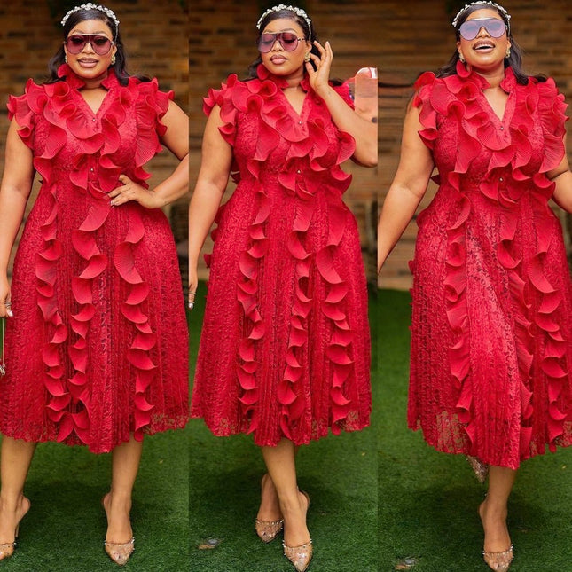 Red Dramatic Ruffle Pleated Fit & Flare Twirl Skater Midi Lace Dress: Summer Wedding Guest Graduation Dinner Birthday Cocktail Party Reception